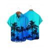 Vacation Couple Outfit Ombre Coconut Tree Pattern Belt V Neck Short Sleeve A Line Midi Dress and Button Up Shirt Beach Matching Outfit - Bleu S | US 4