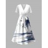 Vacation Couple Outfit Coconut Tree Beach Landscape Pattern Belt Dress and Button Up Shirt Beach Matching Outfit - Blanc S | US 4
