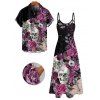 Gothic Couple Outfit Skulls Rose Flower Leaf Print Spaghetti Strap A Line Long Tank Dress and Button Up Shirt Holiday Matching Outfit - Noir S | US 4
