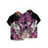 Gothic Couple Outfit Skulls Rose Flower Leaf Print Spaghetti Strap A Line Long Tank Dress and Button Up Shirt Holiday Matching Outfit - Noir S | US 4