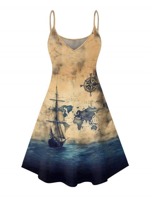 Robe de vacances à motif d'ancre de navire océanique et d'oiseau, bretelles spaghetti, col en V, coupe trapèze, mini-robe débardeur vintage