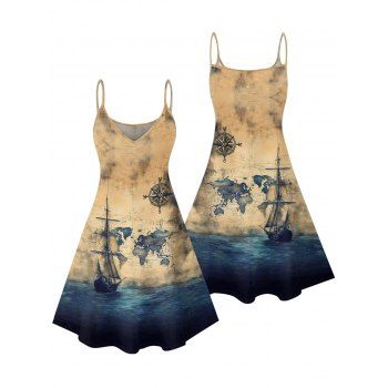 Ocean Ship Anchor Bird Pattern Vacation Dress Spaghetti Strap V Neck A Line Mini Vintage Tank Dress