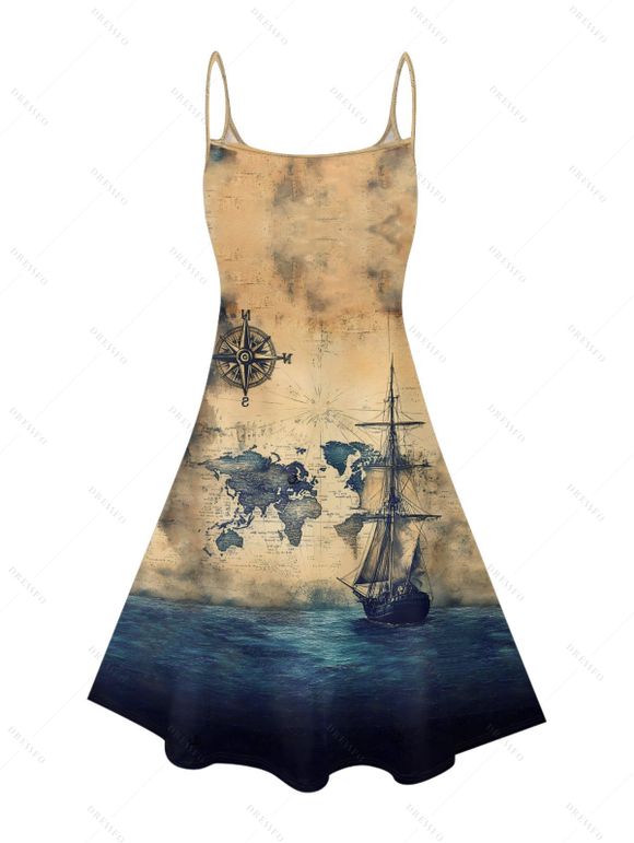 Vacation Couple Outfit Ocean Ship Anchor Bird Pattern Spaghetti Strap V Neck A Line Mini Tank Dress and Button Up Shirt Vintage Matching Outfit - café lumière S | US 4