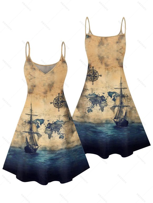 Vacation Couple Outfit Ocean Ship Anchor Bird Pattern Spaghetti Strap V Neck A Line Mini Tank Dress and Button Up Shirt Vintage Matching Outfit - café lumière S | US 4