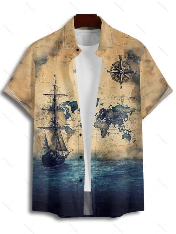 Vacation Couple Outfit Ocean Ship Anchor Bird Pattern Spaghetti Strap V Neck A Line Mini Tank Dress and Button Up Shirt Vintage Matching Outfit - café lumière S | US 4