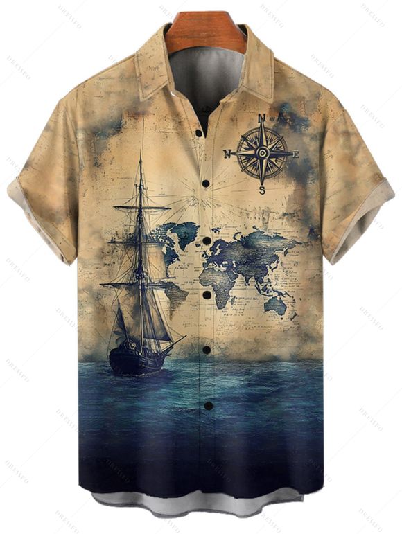 Vacation Couple Outfit Ocean Ship Anchor Bird Pattern Spaghetti Strap V Neck A Line Mini Tank Dress and Button Up Shirt Vintage Matching Outfit - café lumière S | US 4