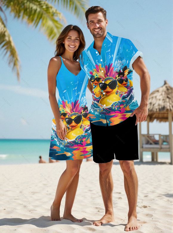 Hawaii Couple Outfit Duck with Sunglasses Wave Pattern Spaghetti Strap A Line Mini Dress and Roll Up Sleeve Shirt Vacation Matching Outfit - Bleu S | US 4