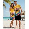 Hawaii Couple Outfit Duck with Sunglasses Wave Pattern Spaghetti Strap A Line Mini Dress and Roll Up Sleeve Shirt Vacation Matching Outfit - Deep Yellow S | US 4