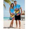 Hawaii Couple Outfit Duck with Sunglasses Wave Pattern Spaghetti Strap A Line Mini Dress and Roll Up Sleeve Shirt Vacation Matching Outfit - Bleu S | US 4