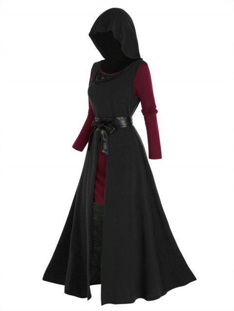 High Slit Longline Hooded Top And Sheer Lace Insert Long Sleeve Mini Tee Dress Two Piece Set