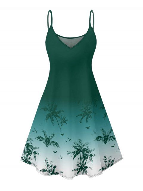 Robe de vacances ombrée à imprimé cocotiers, mini-robe à bretelles spaghetti pour la plage