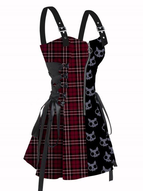Robe gothique à carreaux et imprimé têtes de mort, mini-robe à lacets et bretelles à boucle pour Halloween