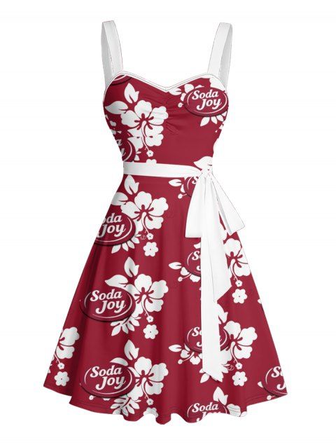 Robe de vacances de couleur contrastée Robe à ceinture à imprimé lettre et fleurs d'hibiscus