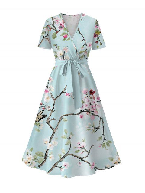 Robe de vacances à imprimé floral Robe mi-longue à ceinture et fleurs de pêcher