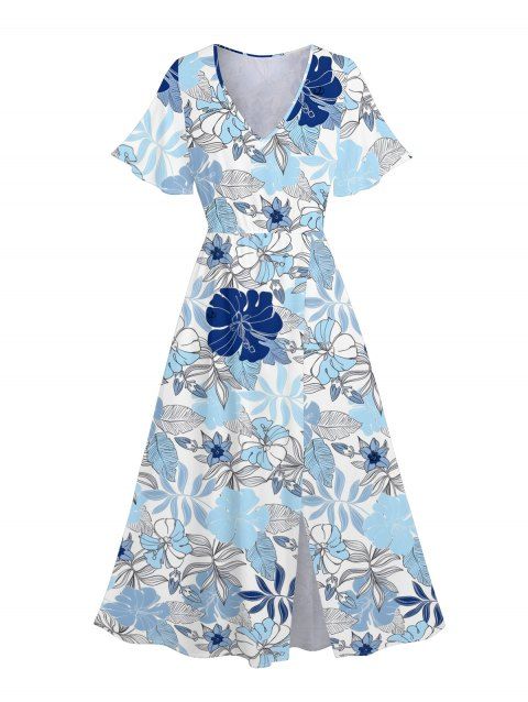 Robe de vacances fendue à imprimé floral et feuilles, col en V, manches mi-évasées, coupe trapèze, mi-longue, décontractée