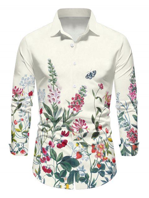 Chemise de vacances pour homme à manches longues et imprimé fleurs, feuilles et papillons