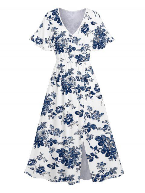 Robe de vacances à imprimé floral et feuilles, robe fendue à manches évasées