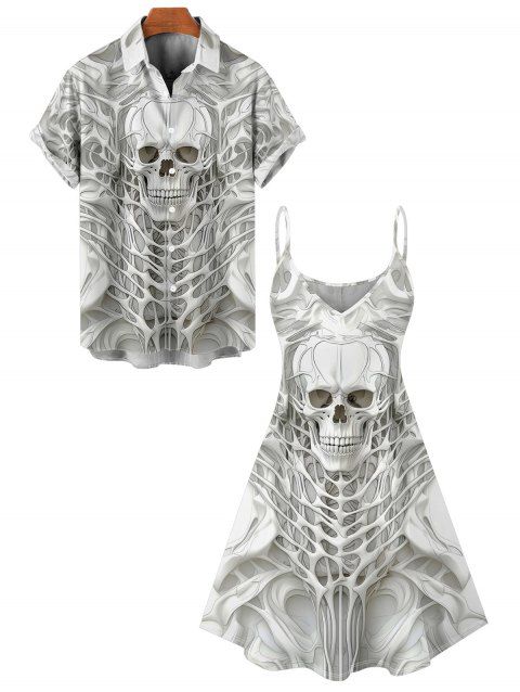 Skull Skeleton Print Gothic Couple Outfit Spaghetti Strap Mini Dress and Shirt Set