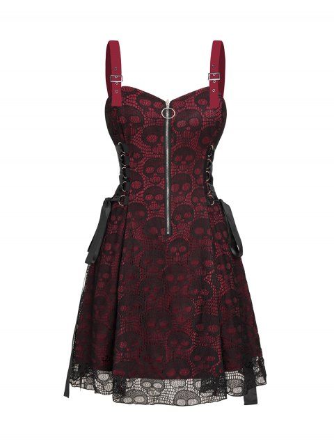 Robe gothique à lacets et demi-fermeture éclair en dentelle à motif tête de mort colorblock, sans manches, avec anneau en O, coupe trapèze, pour les fêtes