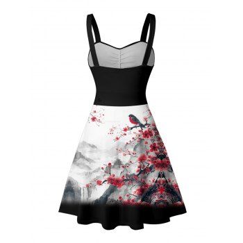 Ink Painting Peach Blossom Bird Mountain Pattern Ruched Bust Belt Vacation Dress Sweetheart Neck A Line Mini Casual Dress