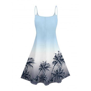 Ombre Coconut Tree Pattern Vacation Dress Spaghetti Strap V Neck A Line Mini Beach Tank Dress