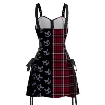 Plaid Skulls Print Gothic Dress Lace Up Buckle Strap Mini Dress for Halloween