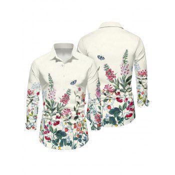 Vacation Couple Outfit Flower Leaf Butterfly Print Belt Chiffon Dress and Long Sleeve Shirt Set