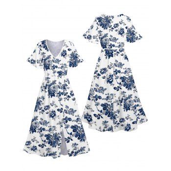 Floral Leaf Print Vacation Dress Flare Sleeve Slit Dress