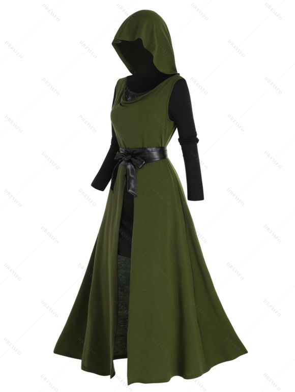 Ensemble deux pièces avec haut à capuche et mini-robe à manches longues en dentelle transparente - Vert XXL
