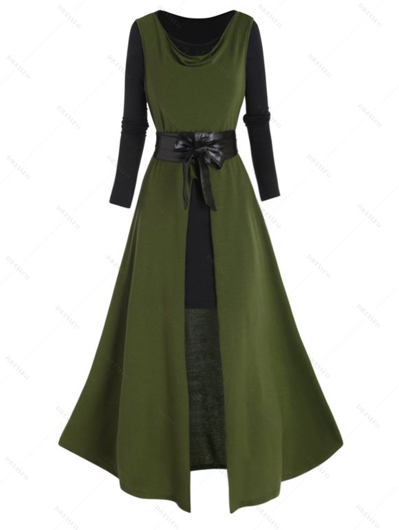 Ensemble deux pièces avec haut à capuche et mini-robe à manches longues en dentelle transparente - Vert M