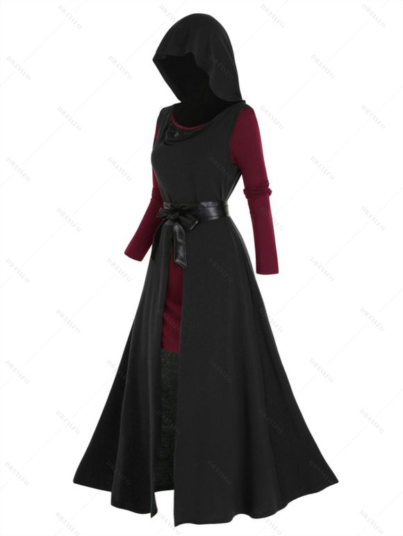 Ensemble deux pièces avec haut à capuche et mini-robe à manches longues en dentelle transparente - Noir XXL