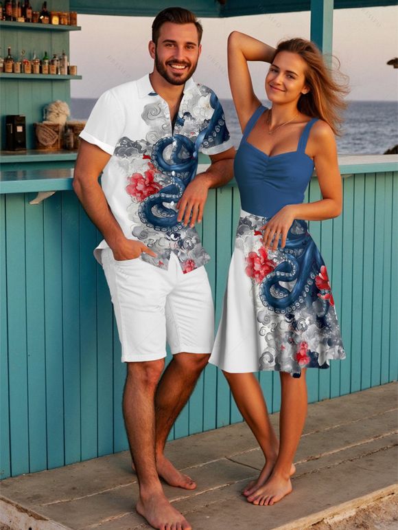 Vacation Couple Outfit Octopus Floral Wave Marine Life Print Ruched Bust Dress and Button Up Shirt Beach Matching Outfit - Blanc S | US 4