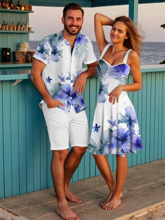 Vacation Couple Outfit Flower Leaf Print Ruched Bust Sweetheart Neck A Line Mini Dress and Button Up Shirt Casual Matching Outfit - Blanc S | US 4