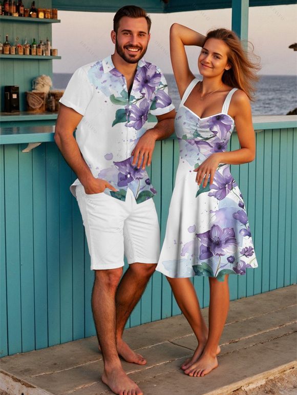 Vacation Couple Outfit Smudge Flower Leaf Pattern Ruched Bust Sweetheart Neck A Line Mini Dress and Button Up Shirt Casual Matching Outfit - Blanc S | US 4