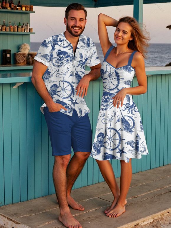 Vacation Couple Outfit Marine Life Octopus Starfish Anchor Pattern Ruched Bust Dress and Button Up Shirt Beach Matching Outfit - Blanc S | US 4