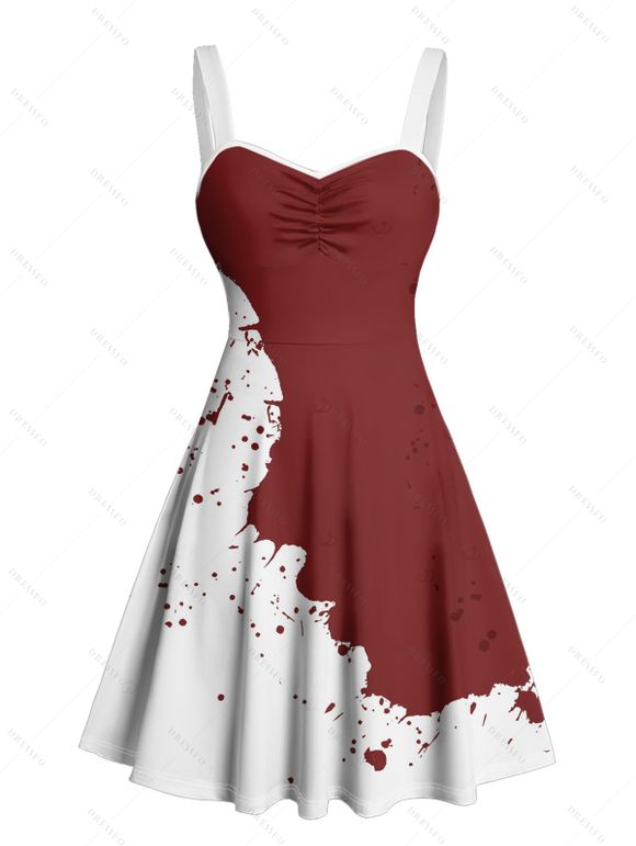 Robe de vacances de couleur contrastée, mini-robe froncée à imprimé encre Splash - Rouge foncé XXXXXL | US 20