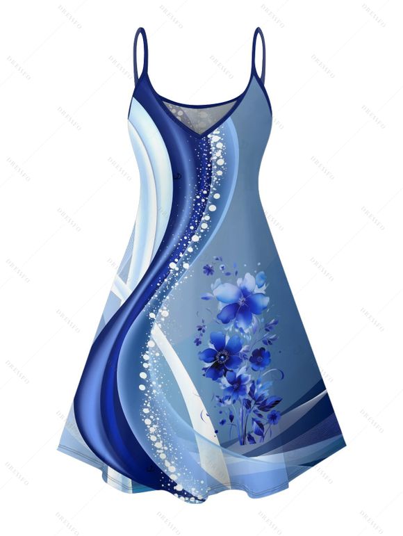 Robe de vacances à imprimé fleuri et pois, colorblock, bretelles spaghetti, col en V, coupe trapèze, mini-robe décontractée - Bleu XXXXXL | US 20