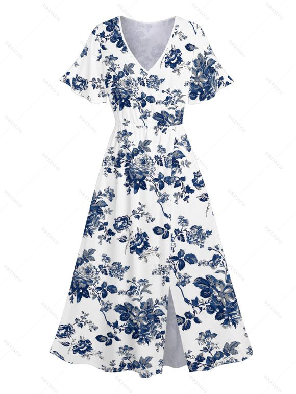 Robe de vacances à imprimé floral et feuilles, robe fendue à manches évasées - Blanc XXL | US 14