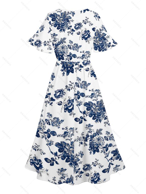 Robe de vacances à imprimé floral et feuilles, robe fendue à manches évasées - Blanc XXL | US 14