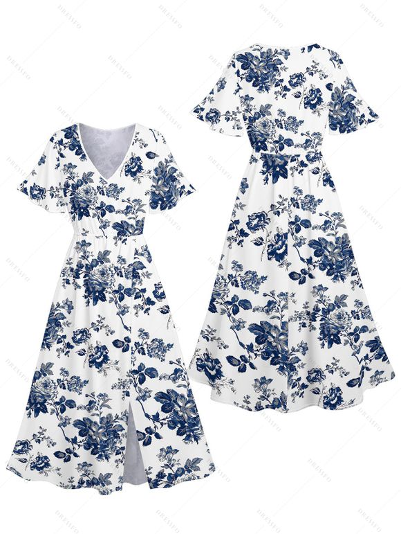 Robe de vacances à imprimé floral et feuilles, robe fendue à manches évasées - Blanc XXL | US 14