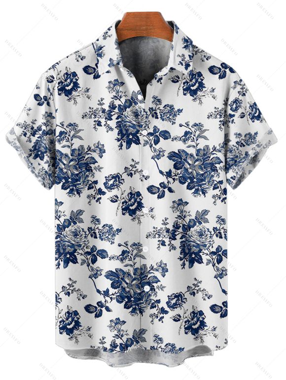 Chemise de vacances pour homme, boutonnée, imprimé feuilles et fleurs - Blanc 5XL