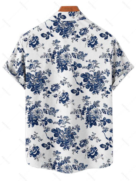 Chemise de vacances pour homme, boutonnée, imprimé feuilles et fleurs - Blanc 4XL