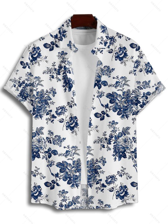 Chemise de vacances pour homme, boutonnée, imprimé feuilles et fleurs - Blanc 4XL