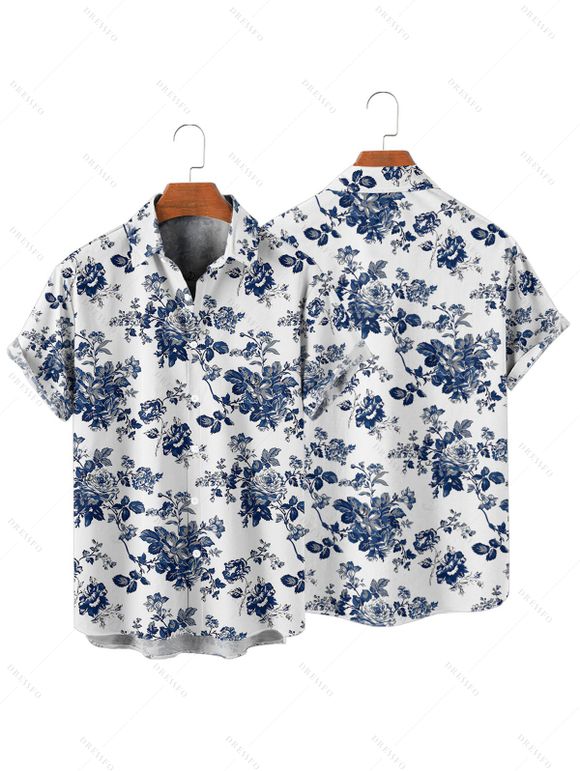 Chemise de vacances pour homme, boutonnée, imprimé feuilles et fleurs - Blanc 4XL