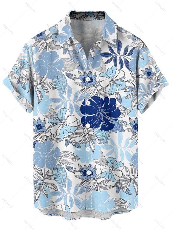 Chemise de vacances pour homme, imprimé floral tropical et feuilles, boutonnée, pour la plage - Bleu clair 5XL