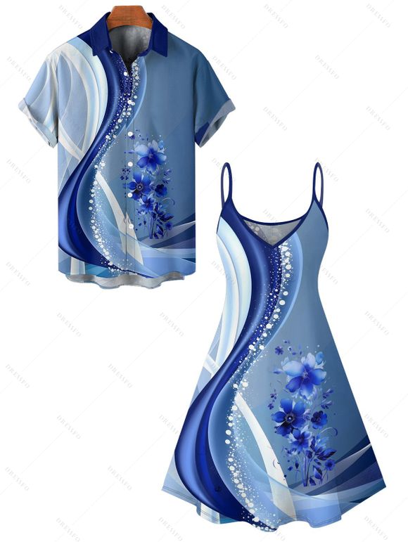 Vacation Couple Outfit Colorblock Flower Print Mini Dress and Shirt Matching Set - Bleu S | US 4