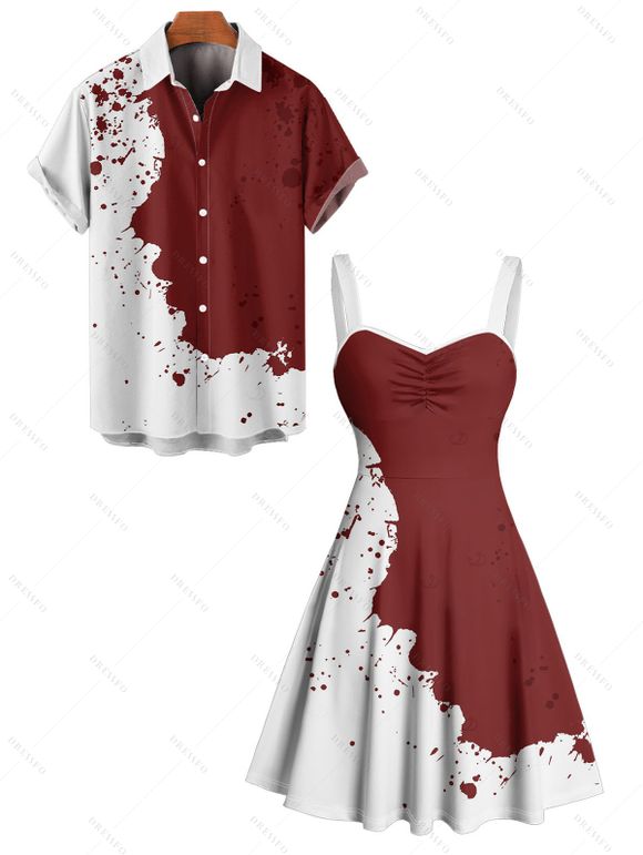 Vacation Couple Outfit Contrast Color Splash Ink Print Dress and Shirt Matching Set - Rouge foncé S | US 4
