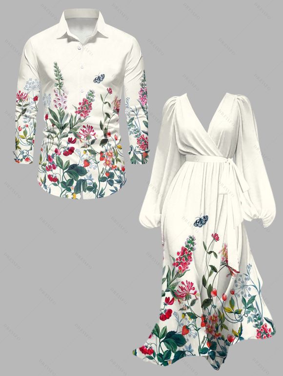 Vacation Couple Outfit Flower Leaf Butterfly Print Belt Chiffon Dress and Long Sleeve Shirt Set - Beige S | US 4