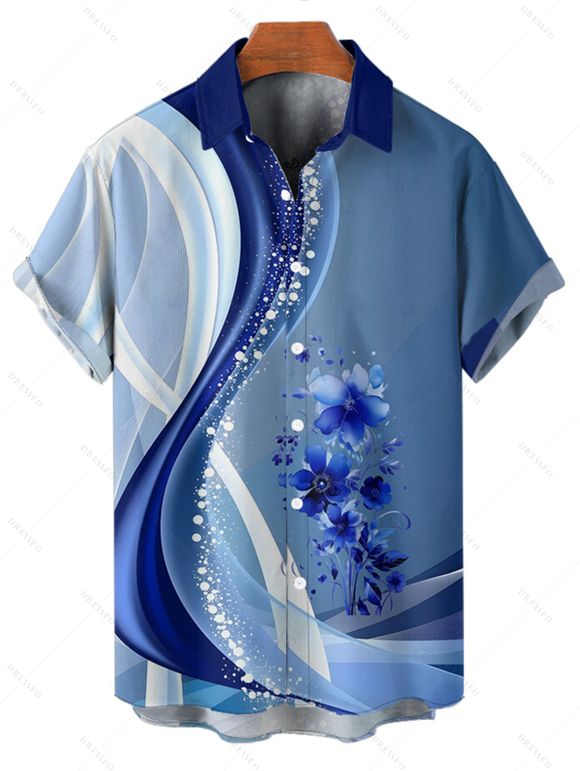 Chemise de vacances pour homme, décontractée, boutonnée, à imprimé floral colorblock - Bleu 5XL