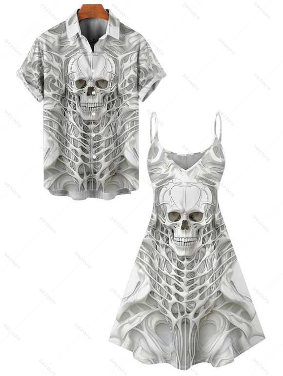 Skull Skeleton Print Gothic Couple Outfit Spaghetti Strap Mini Dress and Shirt Set - Blanc S | US 4